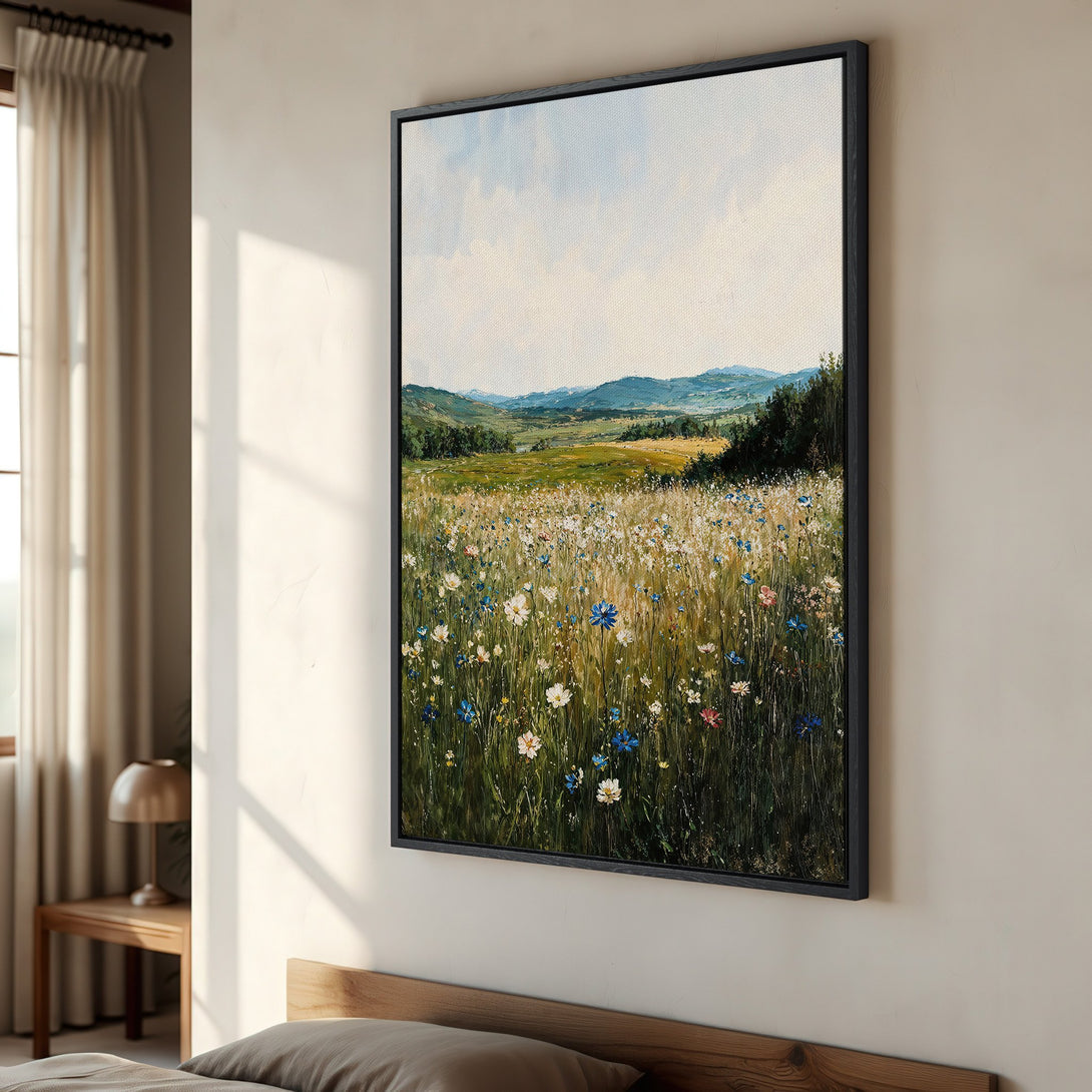 Framed Wall Art: Impressionist landscape Canvas Print with wildflowers, green hills, and blue sky. Adds a touch of nature's beauty to any interior.