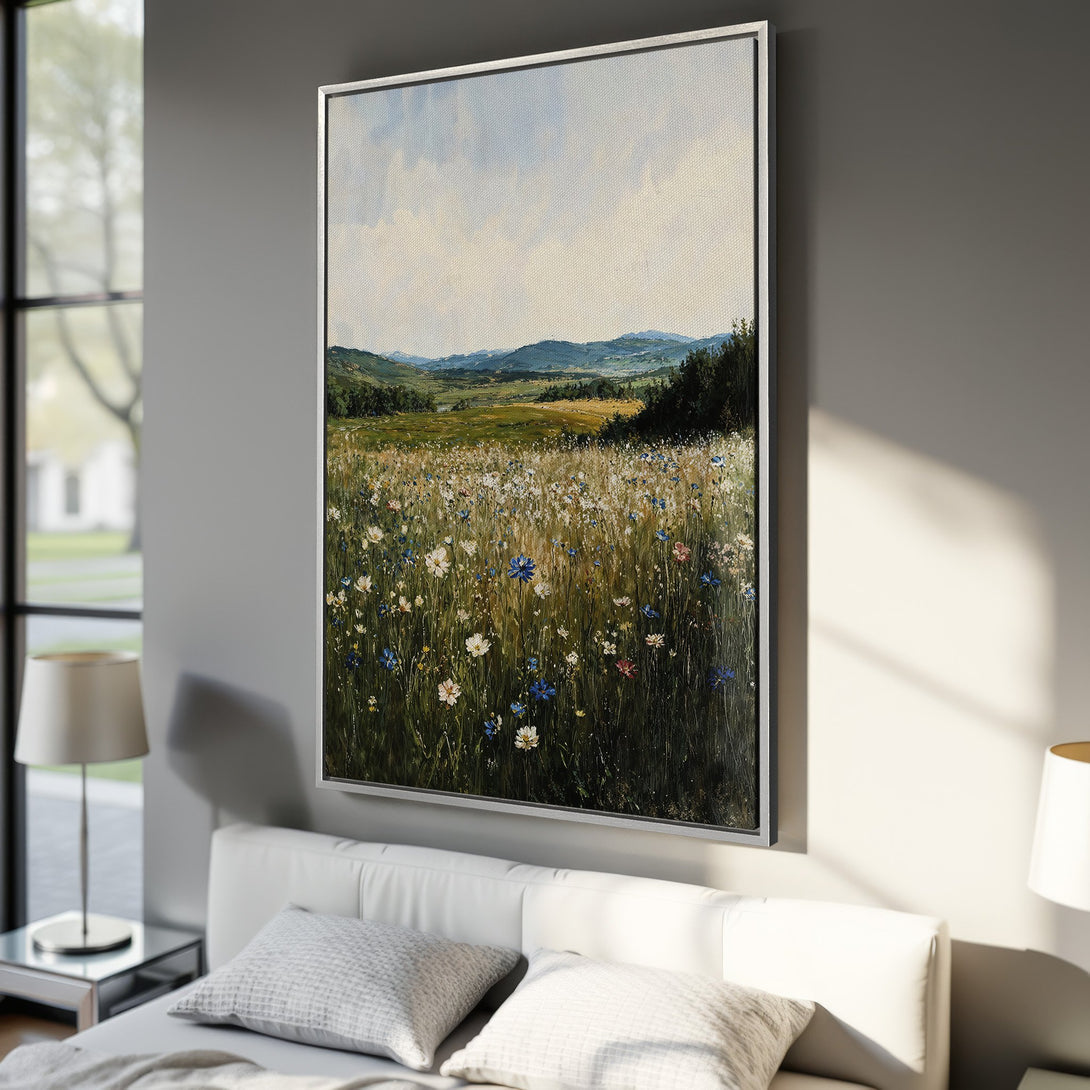 Framed Wall Art: Impressionist landscape Canvas Print with wildflowers in a field. Features a serene color palette of greens, blues, and whites. Perfect for home decor.