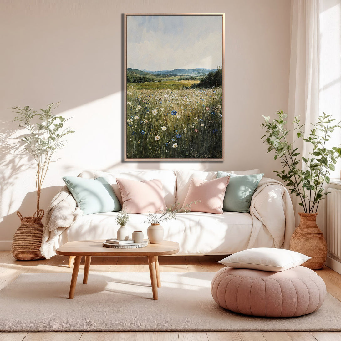 Framed Wall Art of a serene wildflower meadow in a living room. Soft, impressionistic style with a calming palette of greens, blues, and blush tones.
