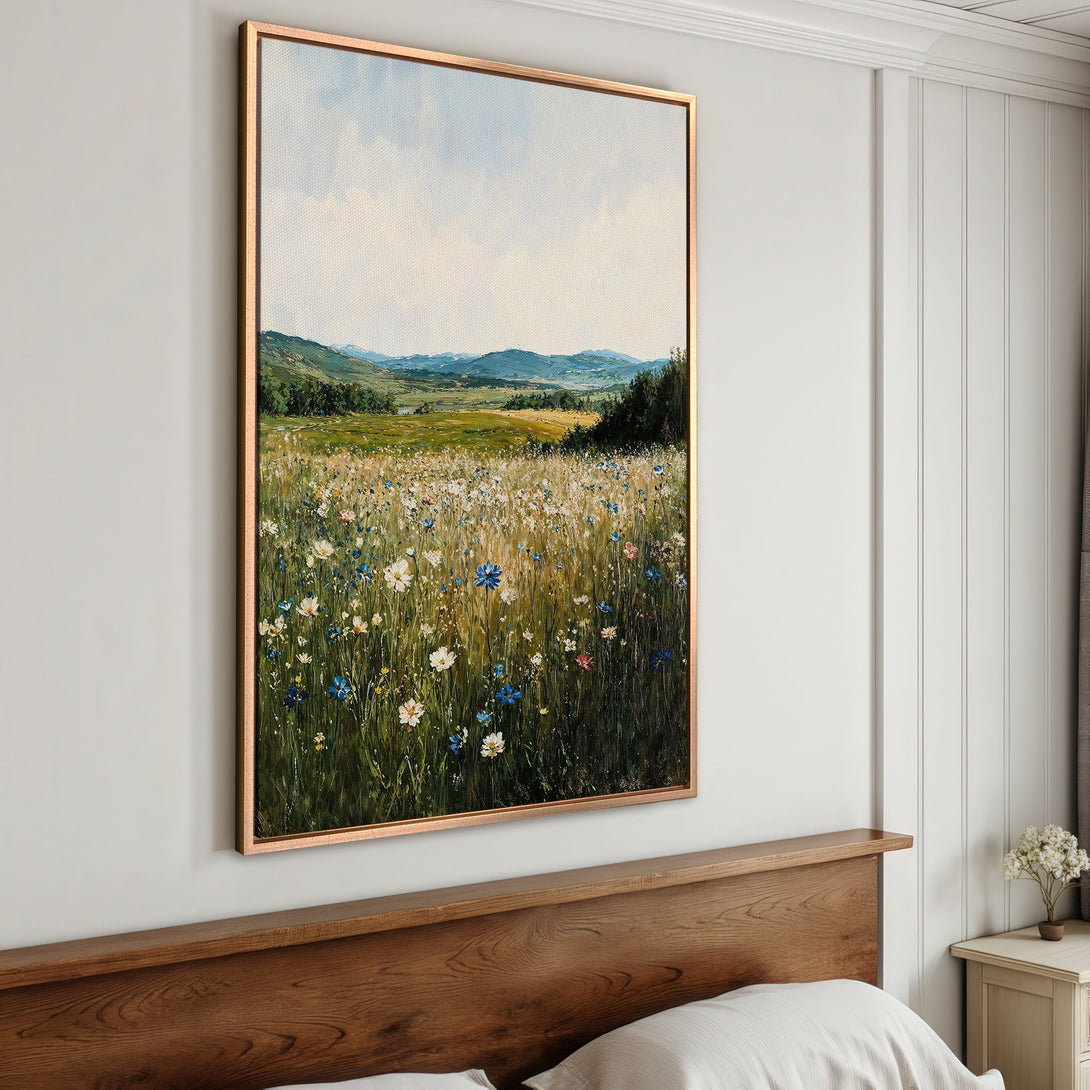 Framed Wall Art: Impressionist landscape Canvas Print with wildflowers. Earthy tones, blues & greens create a serene, natural feel for your home decor.