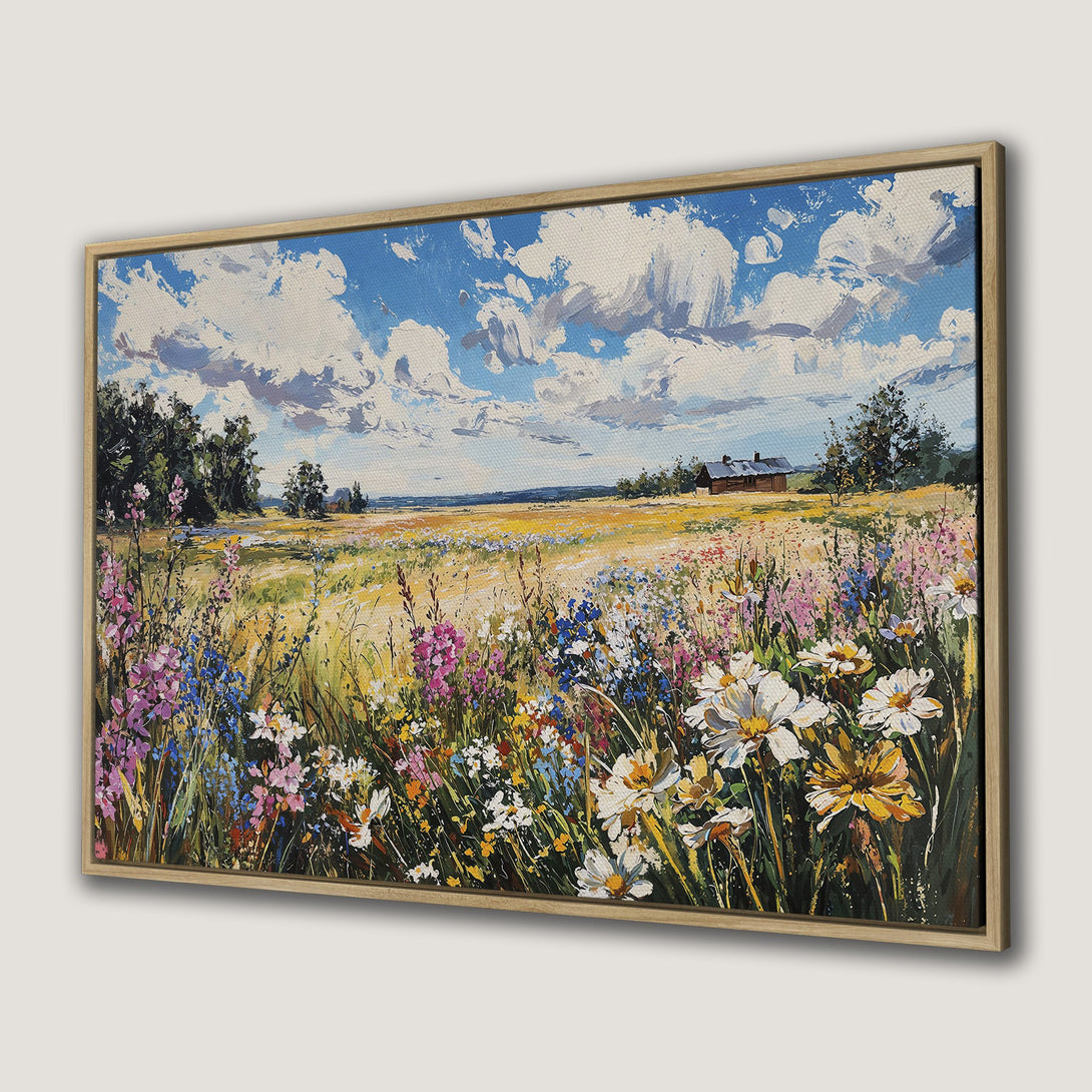 Framed Wall Art: Impressionist landscape Canvas Print with wildflowers, blue sky, and a vibrant, colorful palette. Bring nature's beauty indoors!