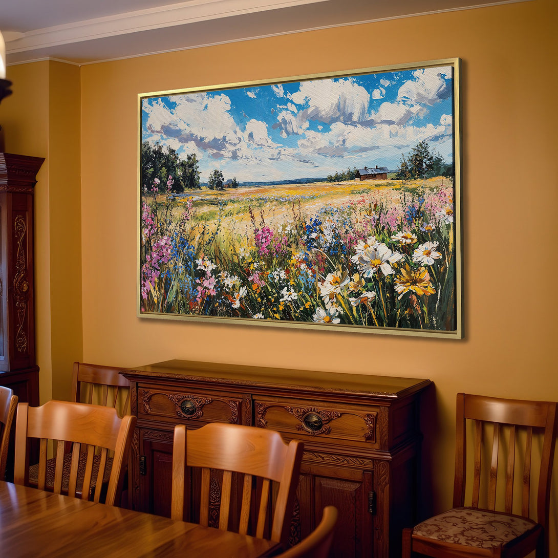 Canvas Print of a vibrant wildflower field painting with blue sky, showcasing a colorful, impressionistic style. Warm, inviting color palette.
