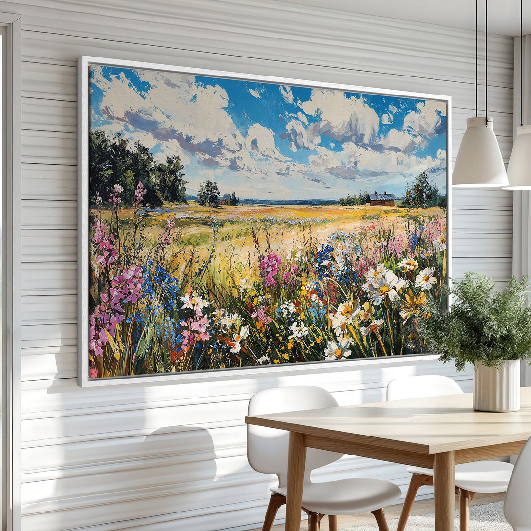 Framed Wall Art: Impressionist landscape Canvas Print with wildflowers, blue sky, and vibrant colors. Perfect for adding a touch of nature to your home.