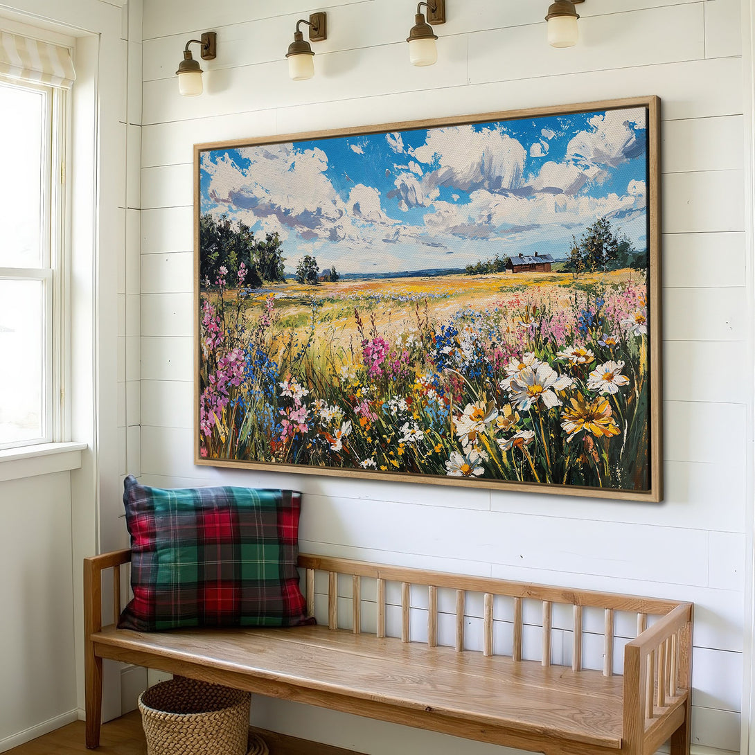 Framed Wall Art: Vibrant landscape Canvas Print with wildflowers, blue sky, and a warm color palette. Perfect for adding a touch of nature to your home decor.