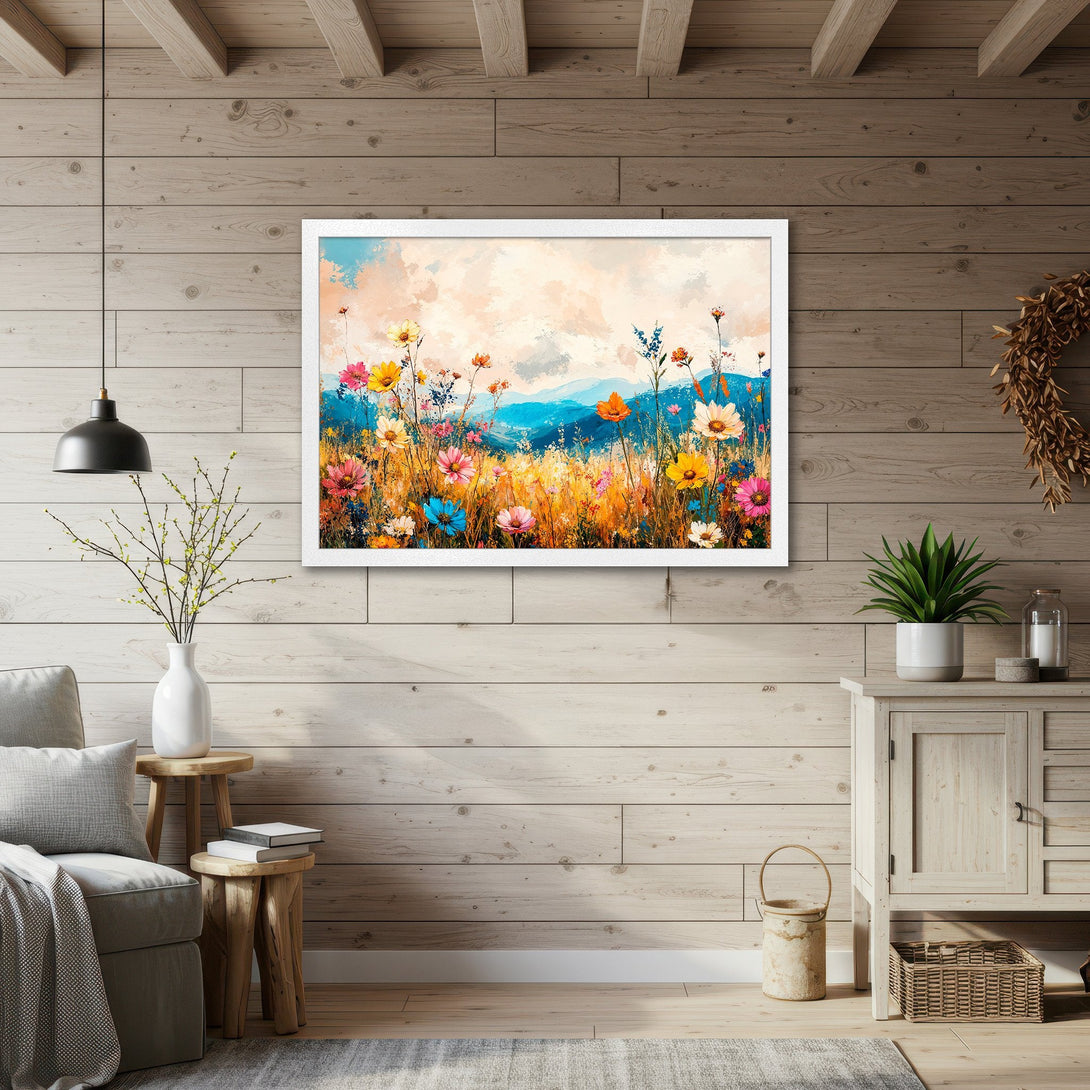 Framed Poster of colorful wildflowers in a painterly style, featuring a warm, vibrant color palette. Perfect wall art for any room!