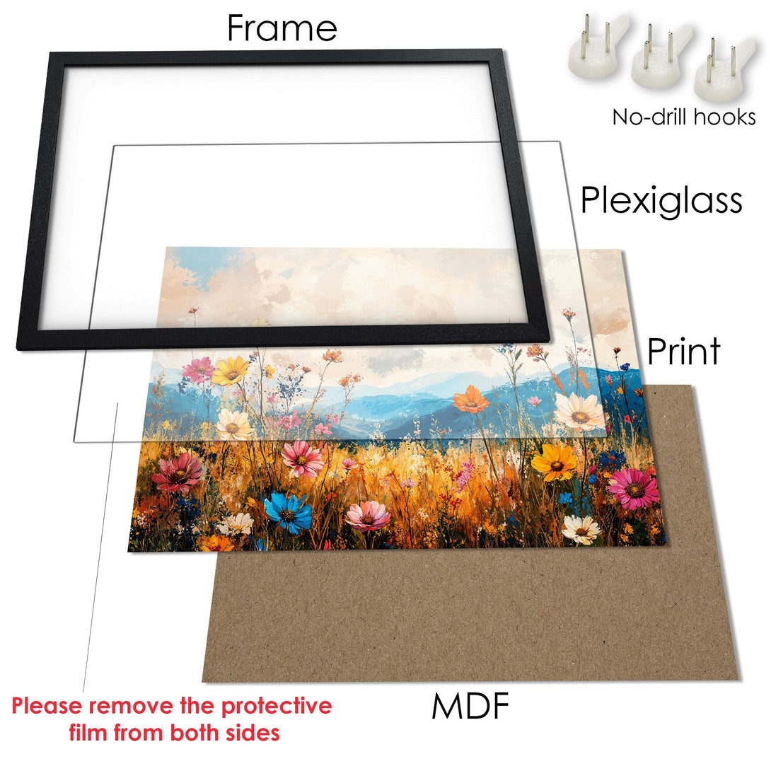 Framed Poster featuring a vibrant floral meadow. Artistic style with warm, earthy tones and pops of color. Perfect wall art!