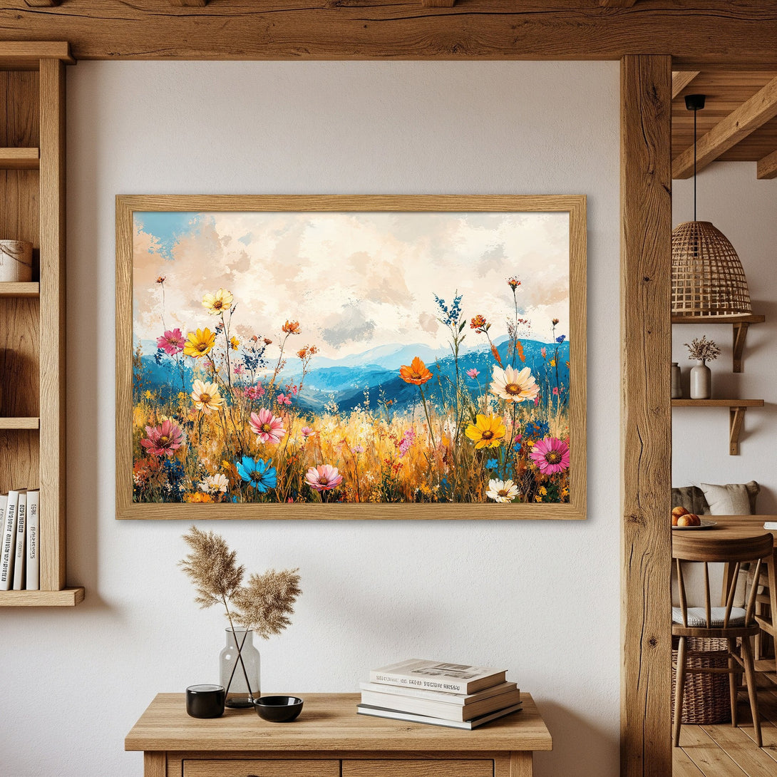 Framed Poster featuring a vibrant floral landscape painting in a colorful palette. Perfect wall art for home decor.