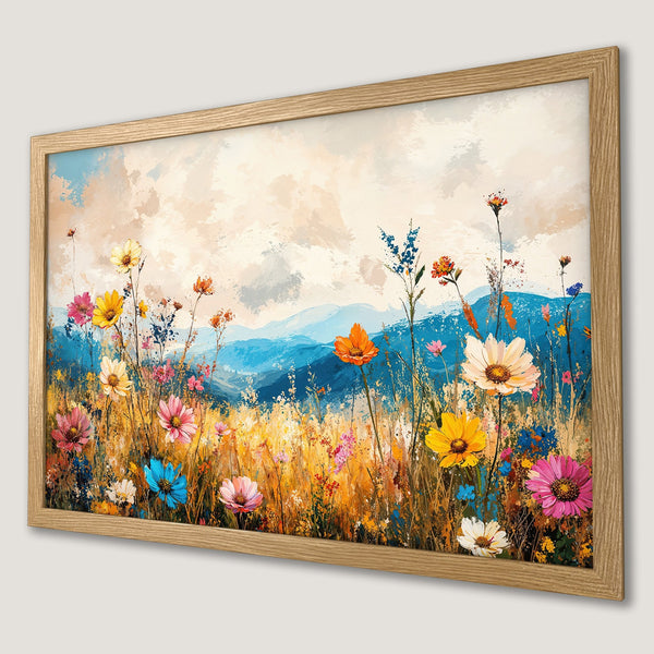 Framed Poster of vibrant wildflowers in an impressionistic style, featuring a warm, colorful palette.