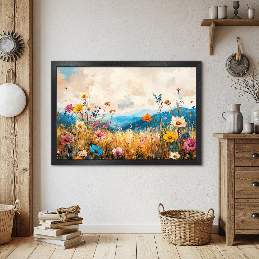 Framed Poster of vibrant wildflowers in a painterly style. Features a warm color palette with blues, yellows, and pinks. Perfect wall art.