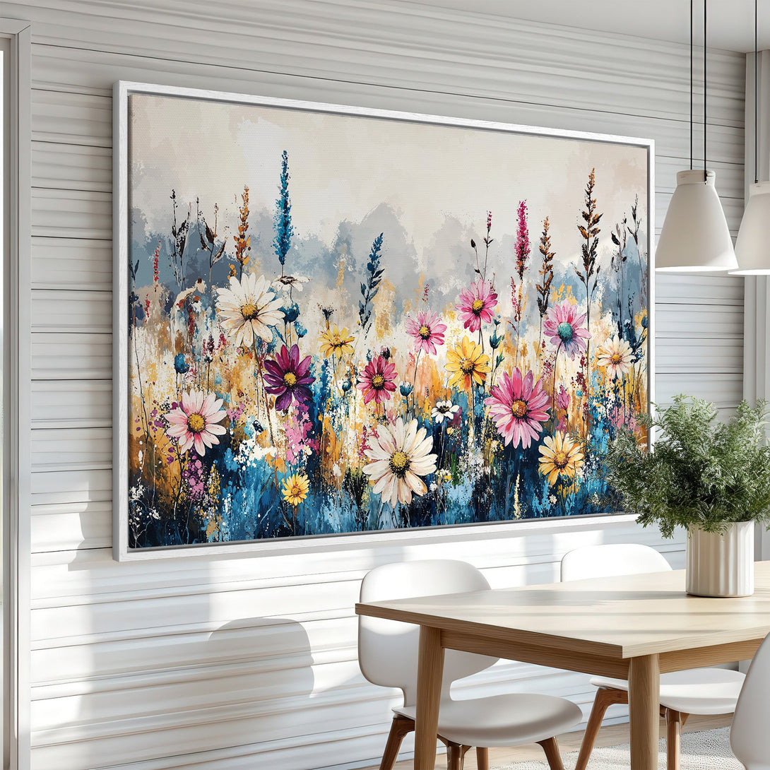 Framed Wall Art: Vibrant floral watercolor painting with a colorful palette of blues, pinks, yellows, and whites. Perfect for adding a touch of nature to your home.