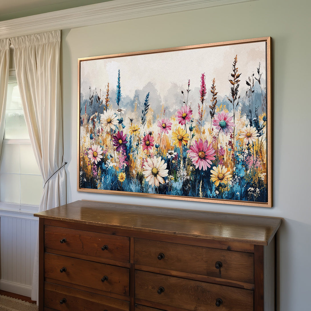 Framed Wall Art featuring a vibrant floral meadow painting in a colorful, impressionistic style. Perfect for adding a touch of nature to your home decor.