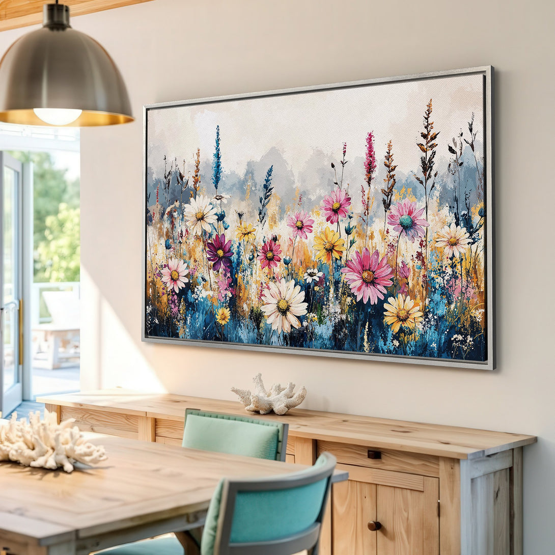 Framed Wall Art: Colorful floral Canvas Print. Impressionist style with vibrant pink, yellow, and blue hues. Perfect for adding a touch of nature to your home.