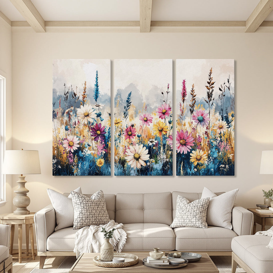 Canvas Print of colorful wildflowers in a modern, abstract style. Features a vibrant palette of blues, pinks, yellows, and greens. Perfect wall art!