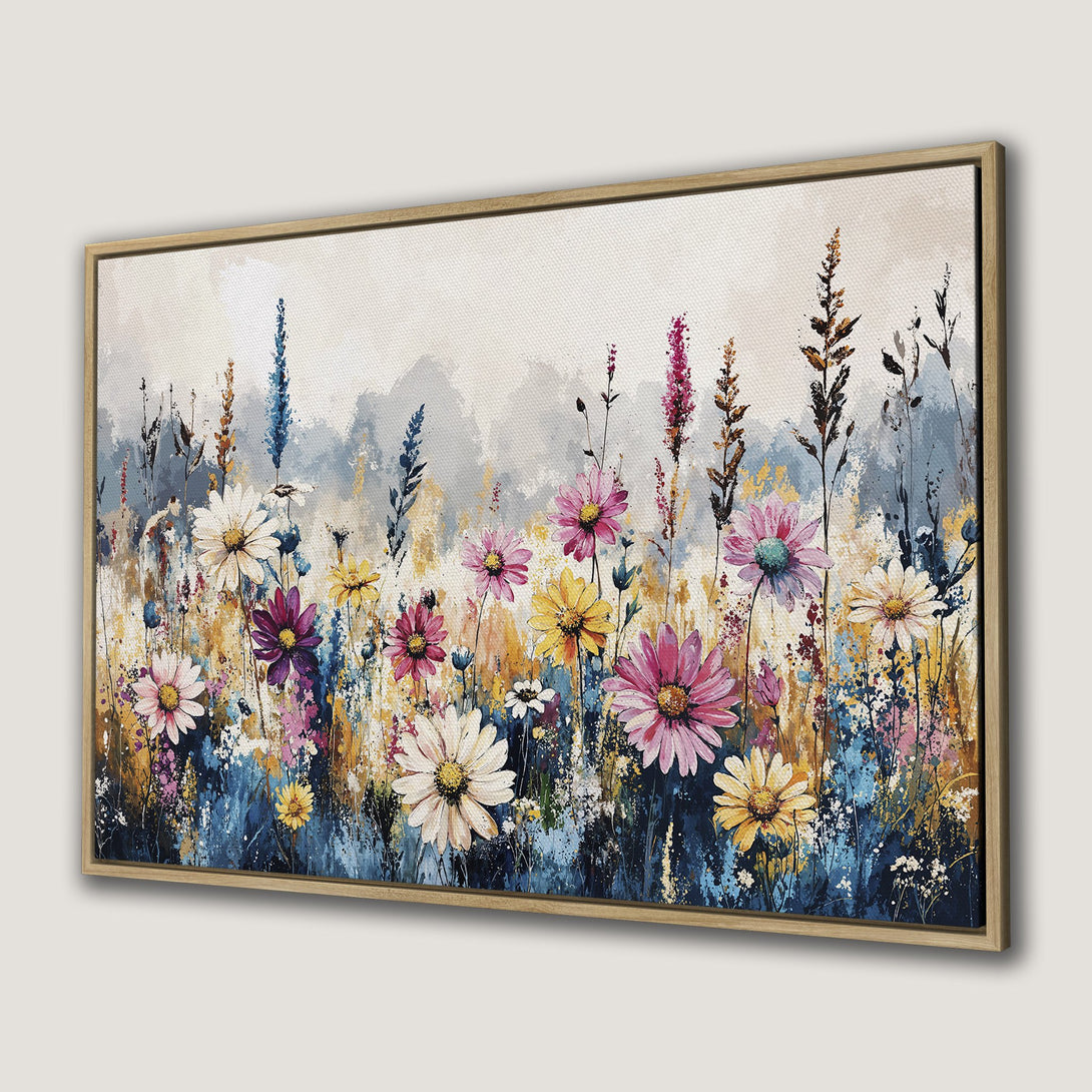 Framed Wall Art: Watercolor floral Canvas Print with vibrant pink, yellow, and blue hues. Perfect for adding a touch of nature-inspired art to your home decor.