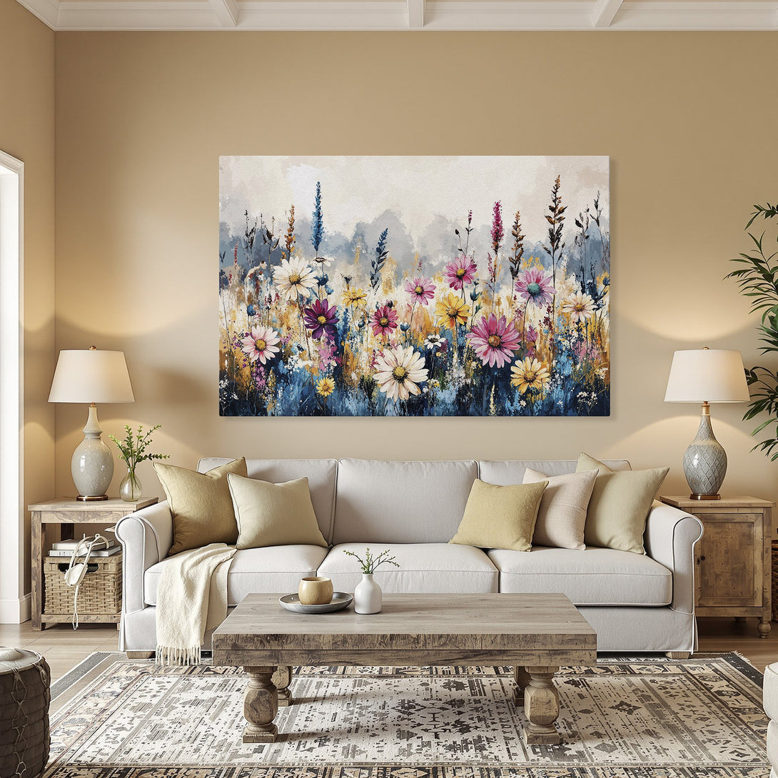 Framed Wall Art: Colorful floral Canvas Print in a dining room. Features vibrant pink, yellow, and blue hues. Perfect for adding a touch of nature.