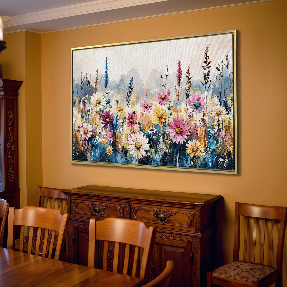 Canvas Print of vibrant wildflower art in a cozy living room. Features a colorful floral design with a blue, yellow, and pink palette.