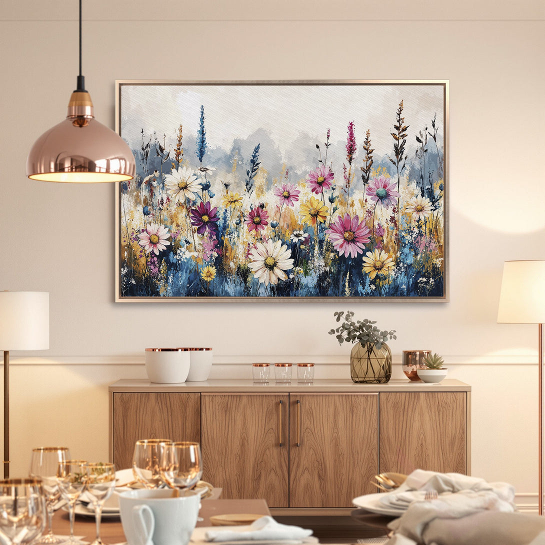 Framed Wall Art: Watercolor floral Canvas Print with vibrant pink, yellow, and blue flowers. Perfect for adding a touch of nature to your home decor.