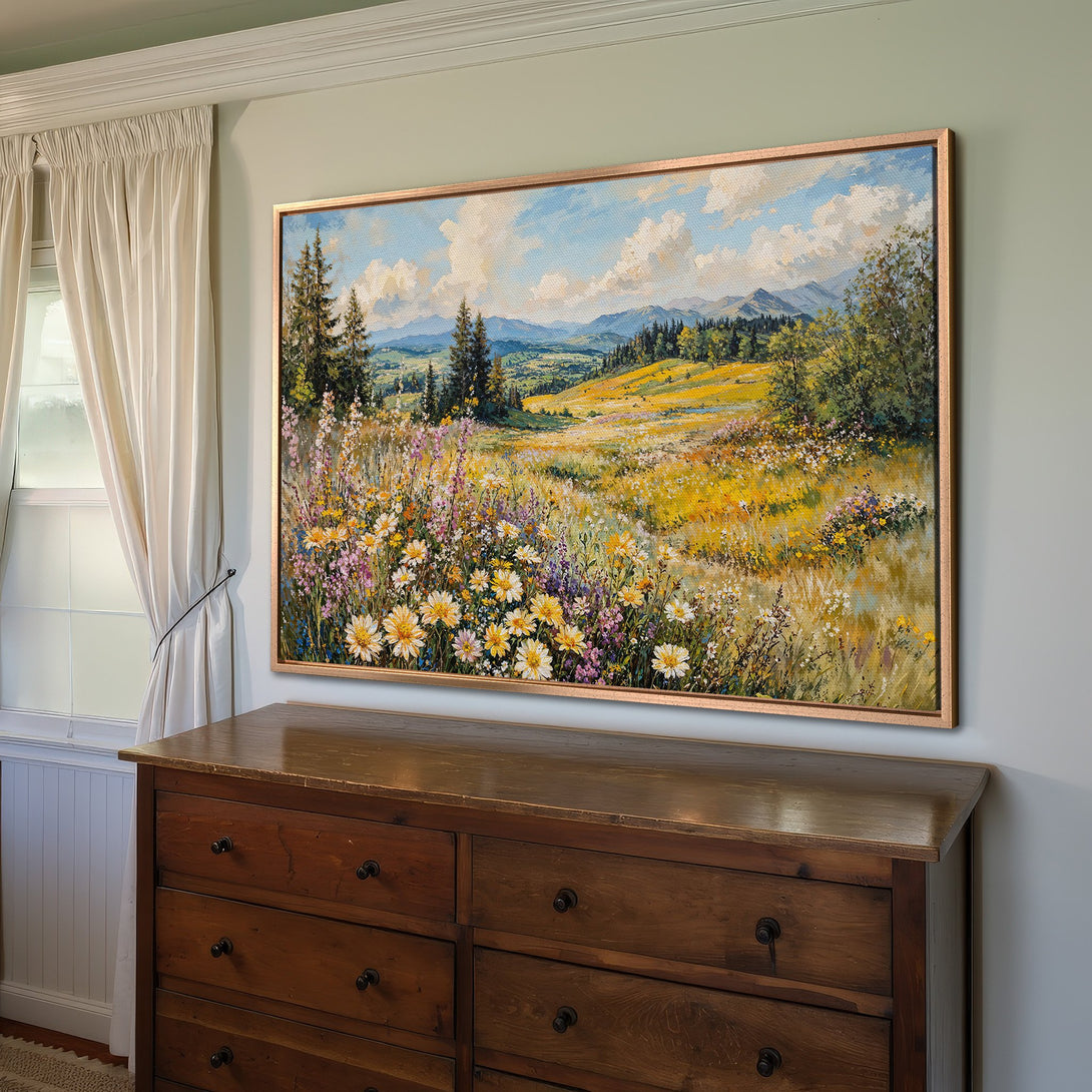 Framed Wall Art: Landscape Canvas Print with vibrant wildflowers, mountains, and a warm, sunny color palette. Perfect for adding natural beauty to your home!
