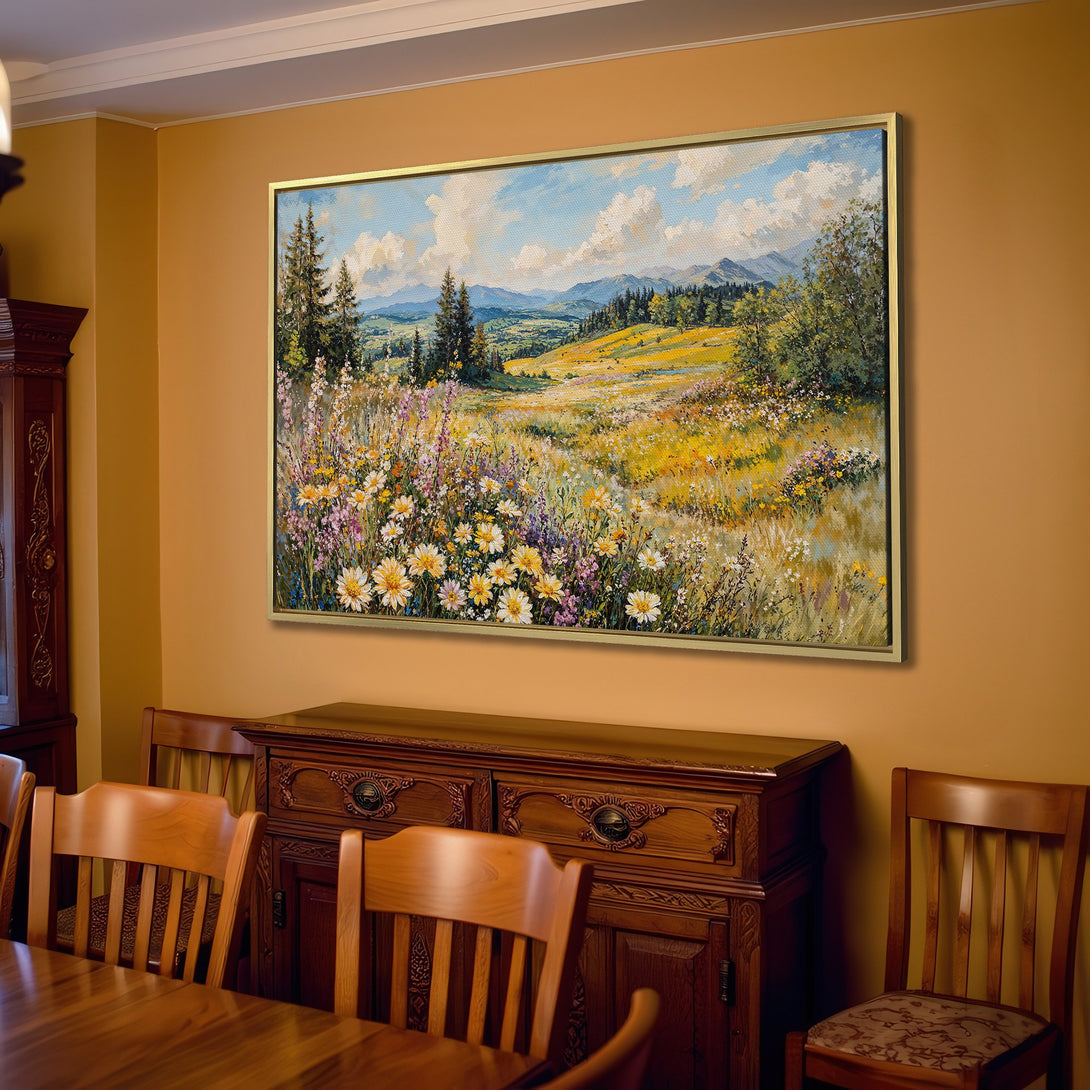 Canvas Print of a vibrant landscape painting featuring wildflowers and mountains in a warm, inviting color palette. Perfect for living room decor.