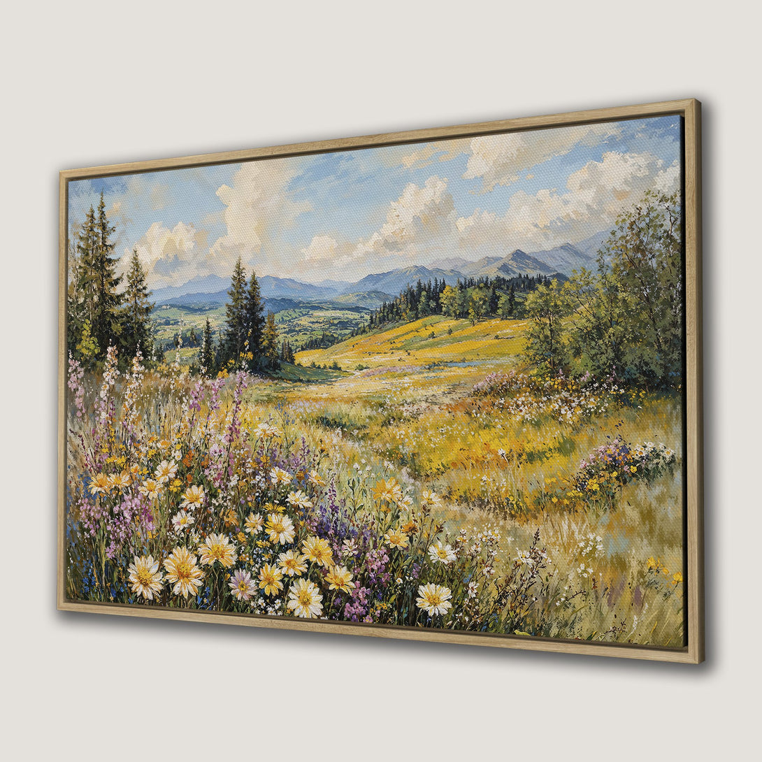 Framed Wall Art: Landscape painting with wildflowers in a meadow. Impressionistic style with yellow, green, and blue color palette. Perfect for home decor.