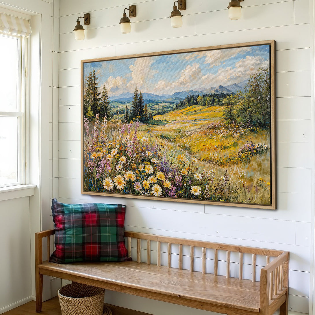 Framed Wall Art: Landscape Canvas Print with vibrant wildflowers, mountains, and blue skies. Adds a touch of nature with a warm, inviting color palette.