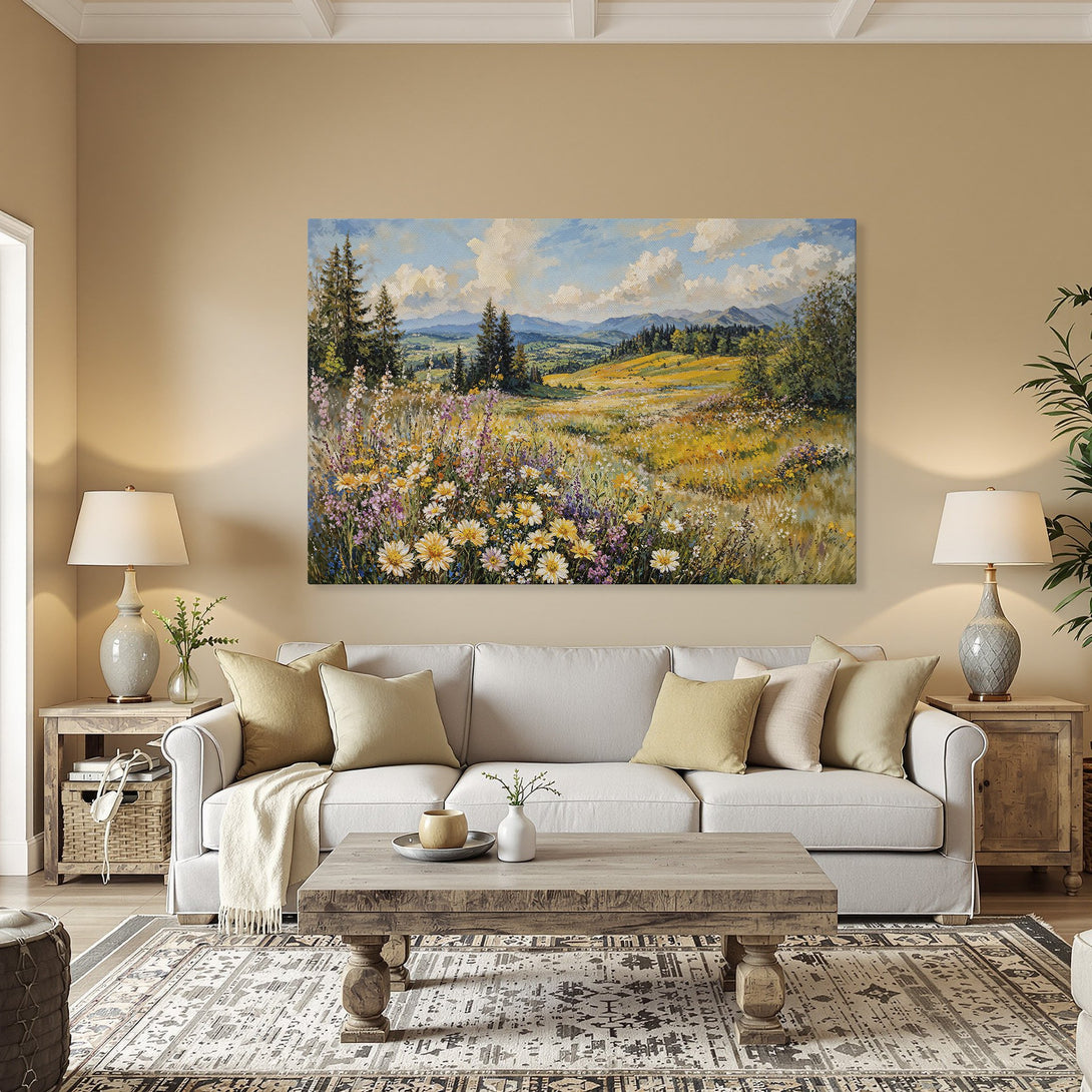 Framed Wall Art of a vibrant landscape painting with wildflowers. Impressionistic style, featuring a warm, yellow and blue color palette. Perfect for home decor.