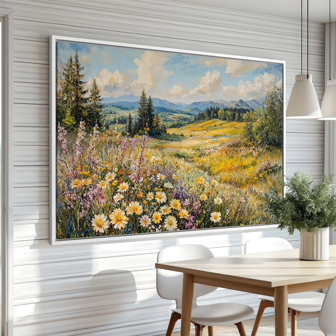 Framed Wall Art: Impressionist landscape painting with vibrant wildflowers, mountains, and a warm, inviting color palette. Perfect for adding a touch of nature!