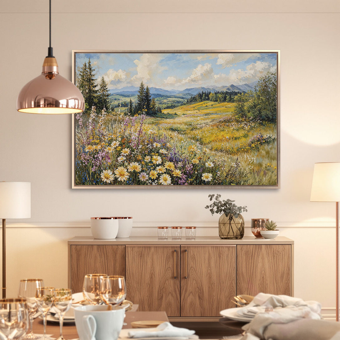 Framed Wall Art: Landscape Canvas Print with vibrant wildflowers, mountains, and a warm, inviting color palette. Perfect for any room!