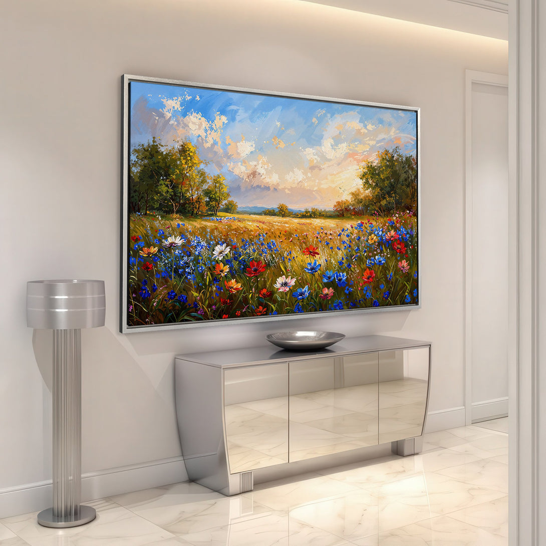 Framed Wall Art: Impressionist landscape Canvas Print with vibrant wildflowers and a blue sky. Adds a touch of nature and color to any room!