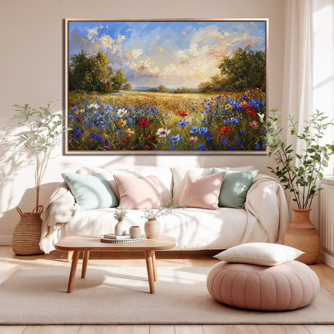 Framed Wall Art: Impressionist landscape Canvas Print with vibrant wildflowers. Warm, inviting color palette of blues, yellows, and greens. Perfect for any living room!
