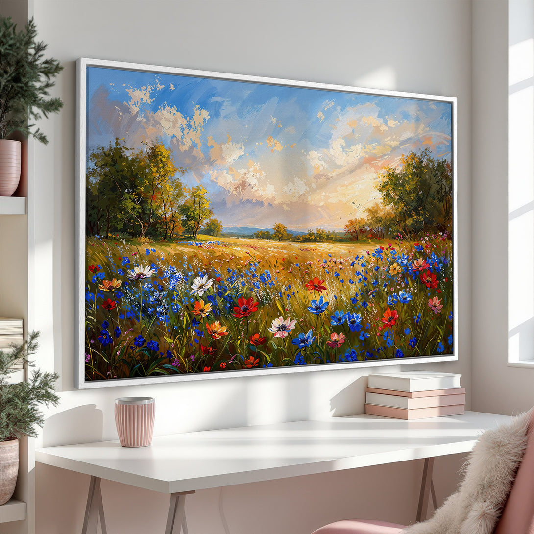 Framed Wall Art: Impressionist field of wildflowers, blue sky, warm color palette. Bring nature's beauty indoors with this stunning canvas print.