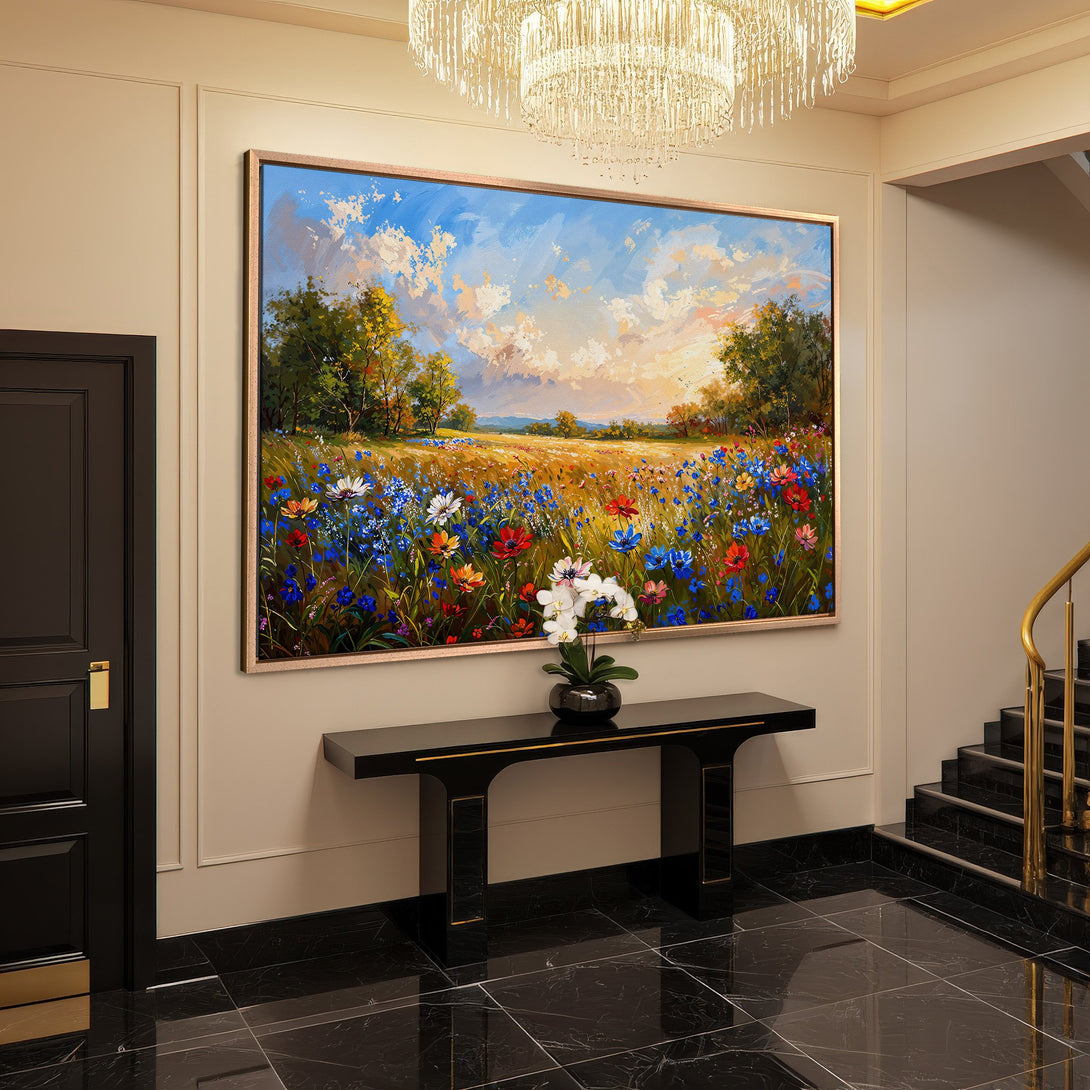 Framed Wall Art: Impressionist landscape Canvas Print with vibrant wildflowers, blue sky, and warm color palette. Elevate your home decor!