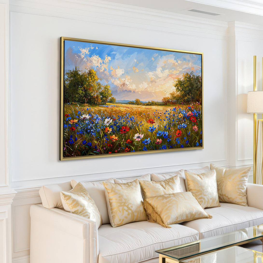 Canvas Print of a vibrant wildflower field painting in a bright, airy living room. Features a colorful palette of blues, reds, and yellows.