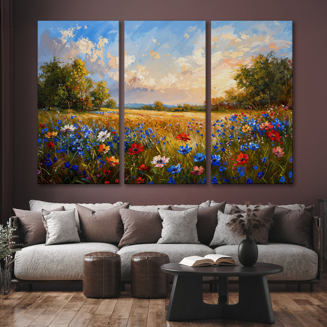 Canvas Print of a vibrant wildflower field painting in impressionist style with a warm, colorful palette. Perfect wall art!