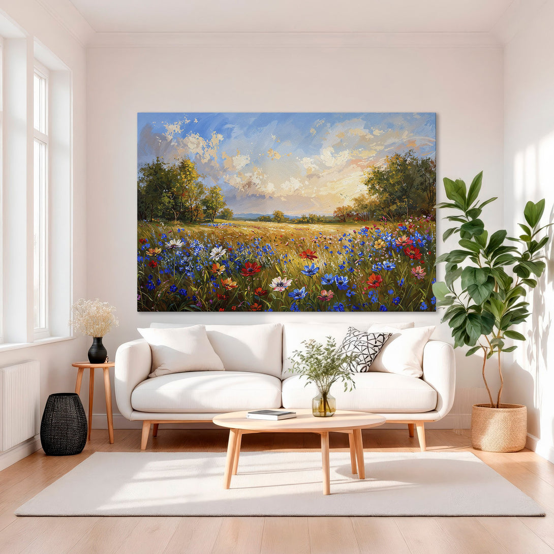Framed Wall Art: Impressionist landscape Canvas Print with vibrant wildflowers, golden frame, and a warm, inviting color palette. Perfect for living room decor!