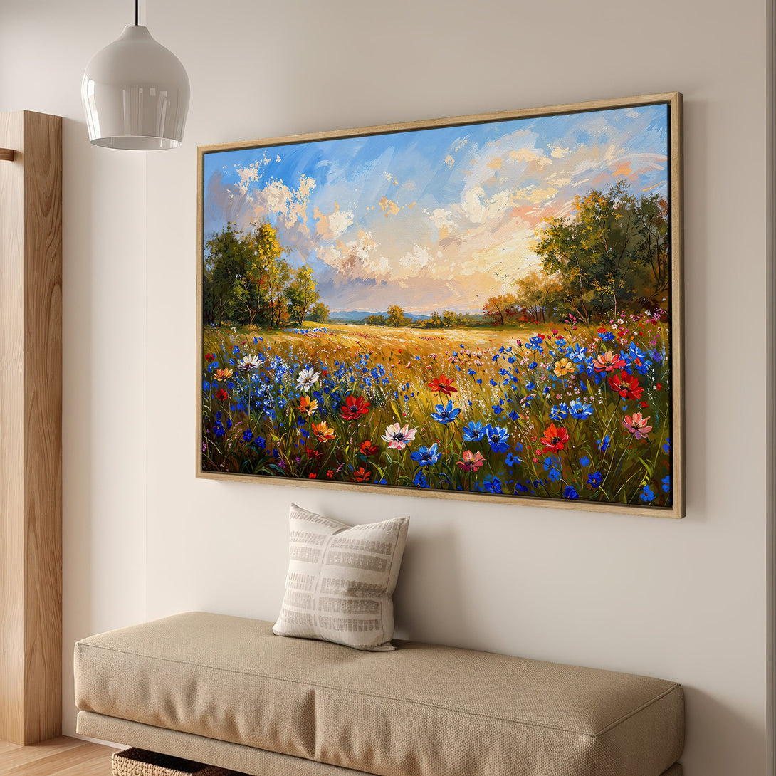 Framed Wall Art: Impressionist landscape Canvas Print with vibrant wildflowers in a field. Features a warm color palette with blues, reds, and golds.