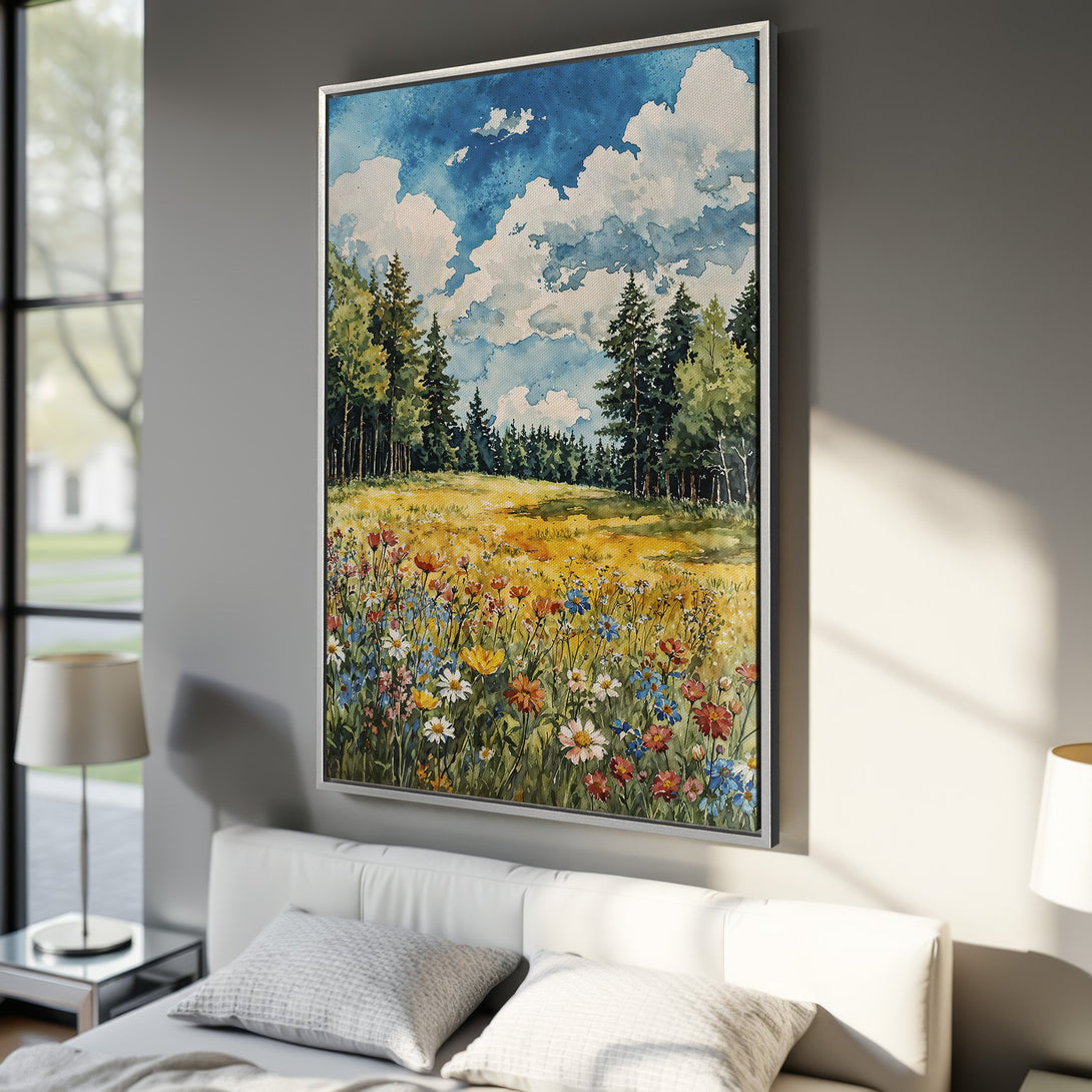 Framed Wall Art: Watercolor landscape Canvas Print with a field of wildflowers and trees, featuring a blue sky with white clouds. Earthy tones.