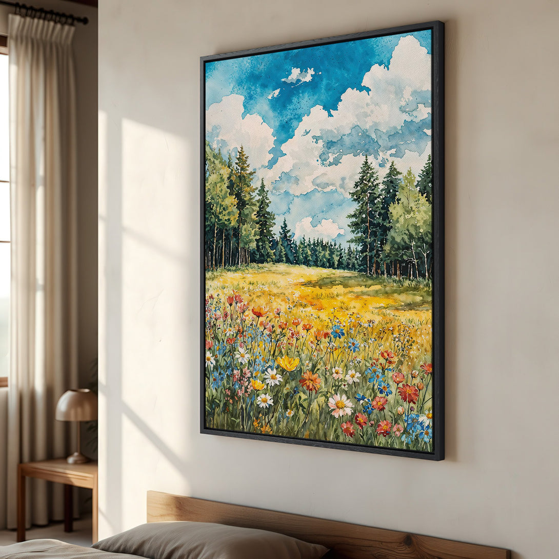 Framed Wall Art featuring a watercolor landscape of a meadow and forest, with a vibrant blue, green, and yellow color palette. Perfect for any room!
