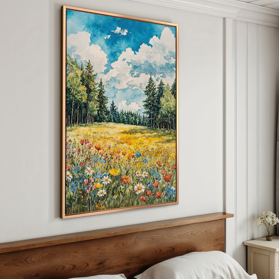 Framed Wall Art featuring a watercolor landscape with wildflowers and trees. Blue, yellow, and green color palette. Perfect for adding a touch of nature.