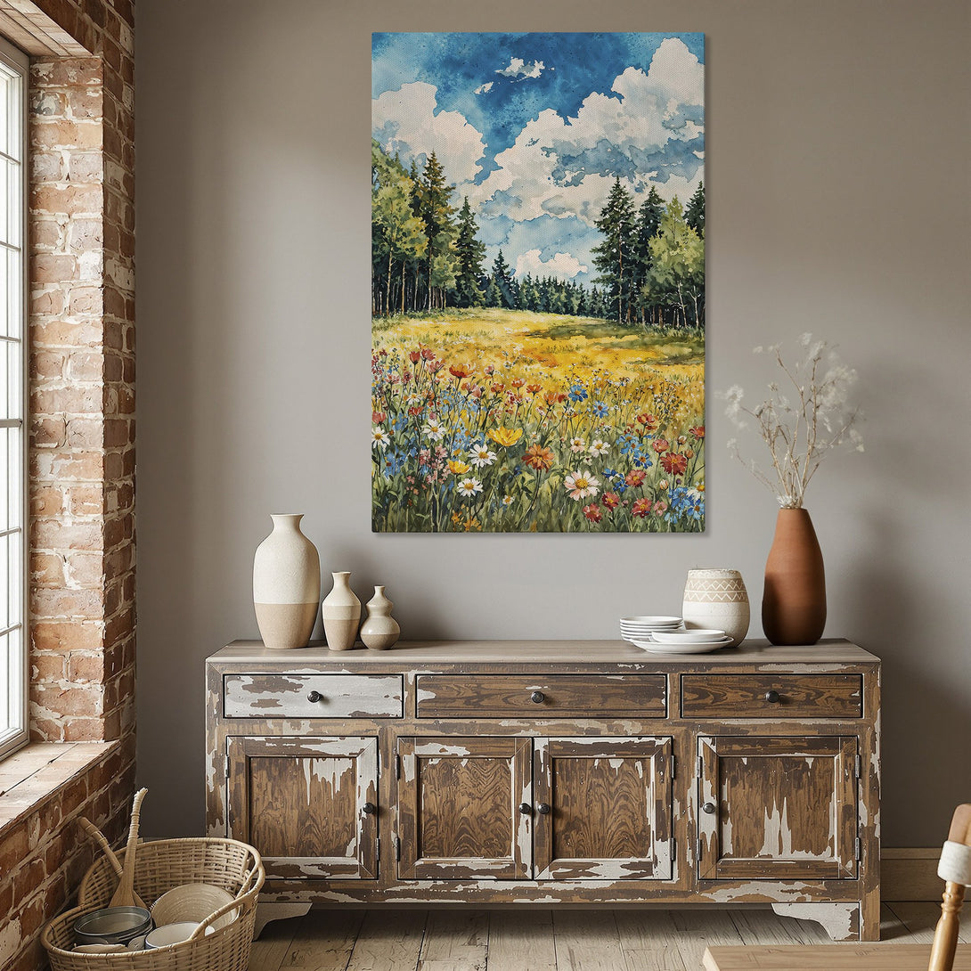 Framed Wall Art: Watercolor landscape Canvas Print with blue sky, vibrant wildflowers, and green trees. Adds a touch of nature's beauty to any room.