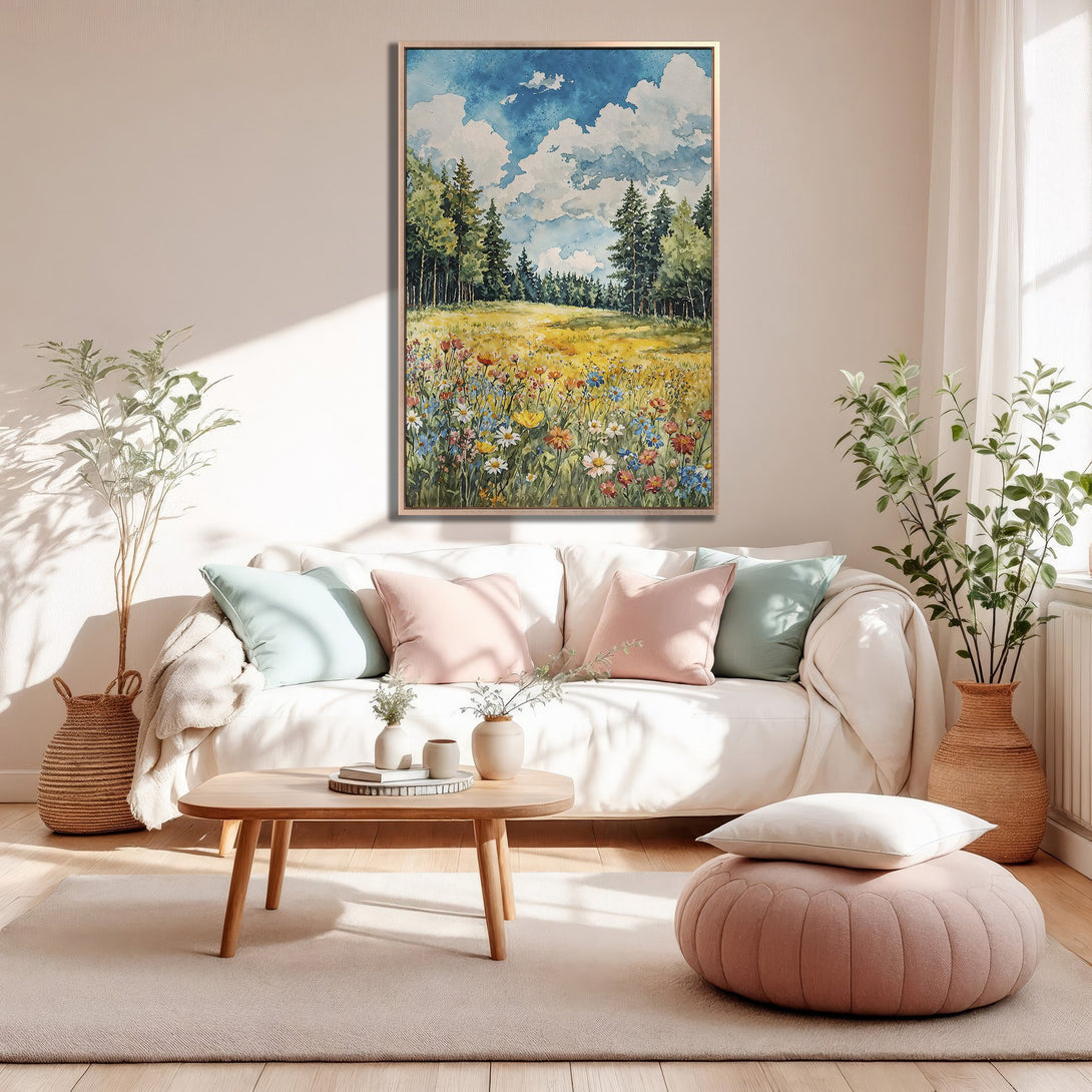 Framed Wall Art featuring a watercolor landscape with a vibrant meadow & blue sky. Soft, pastel color palette perfect for a calming interior.