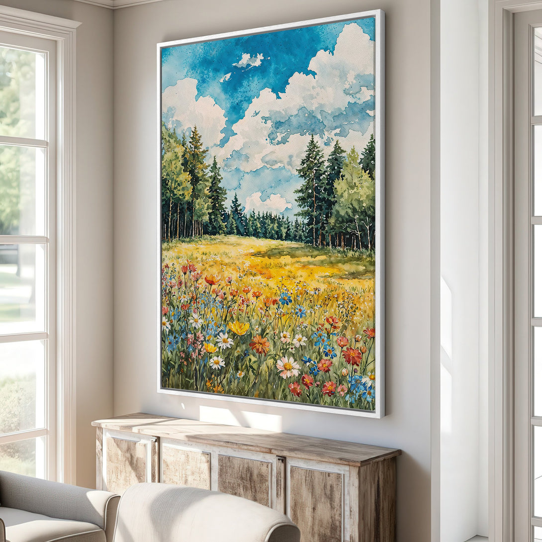Framed Wall Art featuring a watercolor landscape with wildflowers, trees, and a blue sky. Bring nature's beauty indoors with this vibrant, colorful print!