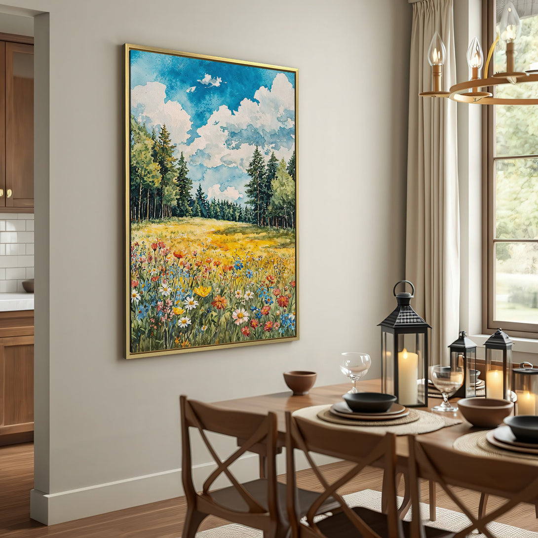 Canvas Print of a vibrant watercolor landscape with wildflowers, blue sky, and a warm, earthy color palette. Perfect for home decor.