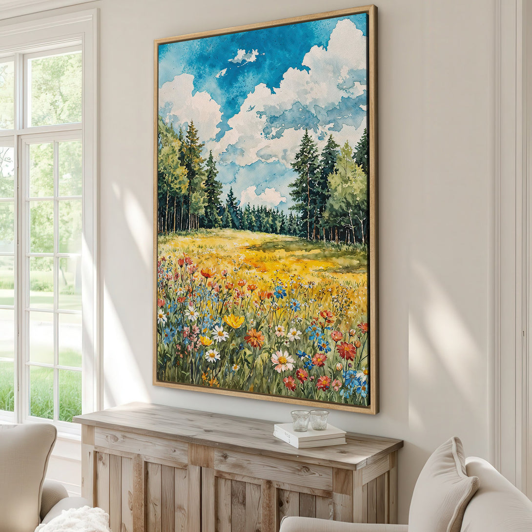 Framed Wall Art: Watercolor landscape canvas print with wildflowers, trees, and blue sky. Adds a touch of nature's beauty to any room!