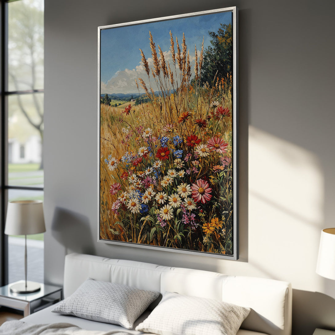 Framed Wall Art featuring a vibrant wildflower meadow painting in warm, earthy tones. Perfect for adding a touch of nature and art to any room.