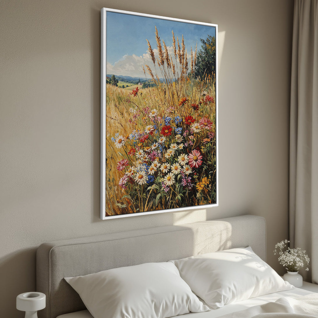 Framed Wall Art: Vibrant wildflower meadow canvas print. Impressionistic style with warm yellows, blues, and reds. Perfect for bedroom decor.