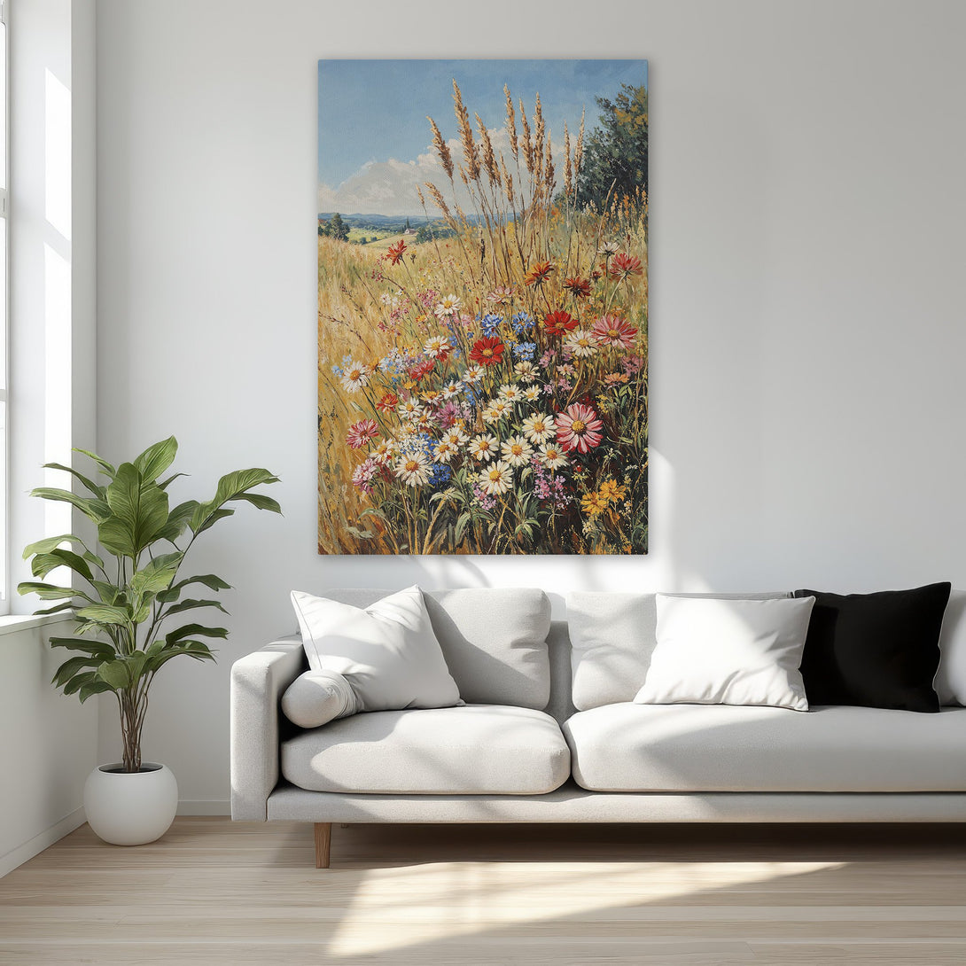 Framed Wall Art: Floral landscape painting with warm, vibrant colors. Adds a touch of nature and elegance to any room. Perfect for bedroom decor.