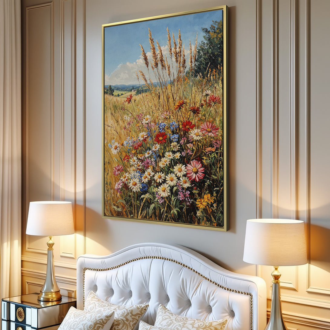 Canvas Print of a vibrant wildflower field painting, showcasing a warm, natural color palette. Perfect for adding a touch of nature to your home decor.