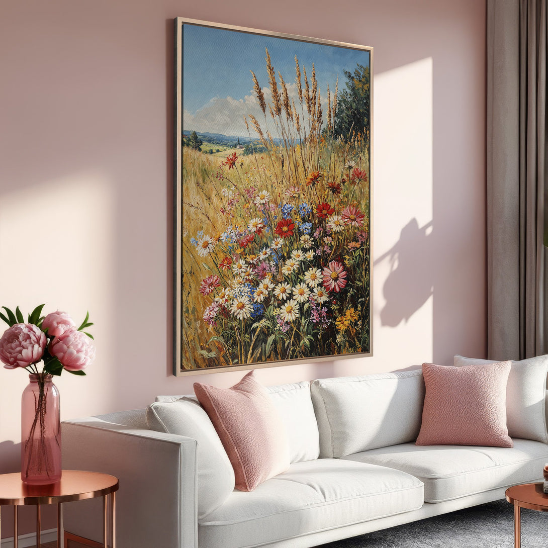 Framed Wall Art: Impressionist floral landscape in warm tones. Enhance your living room with this beautiful canvas print and create a cozy, inviting space.