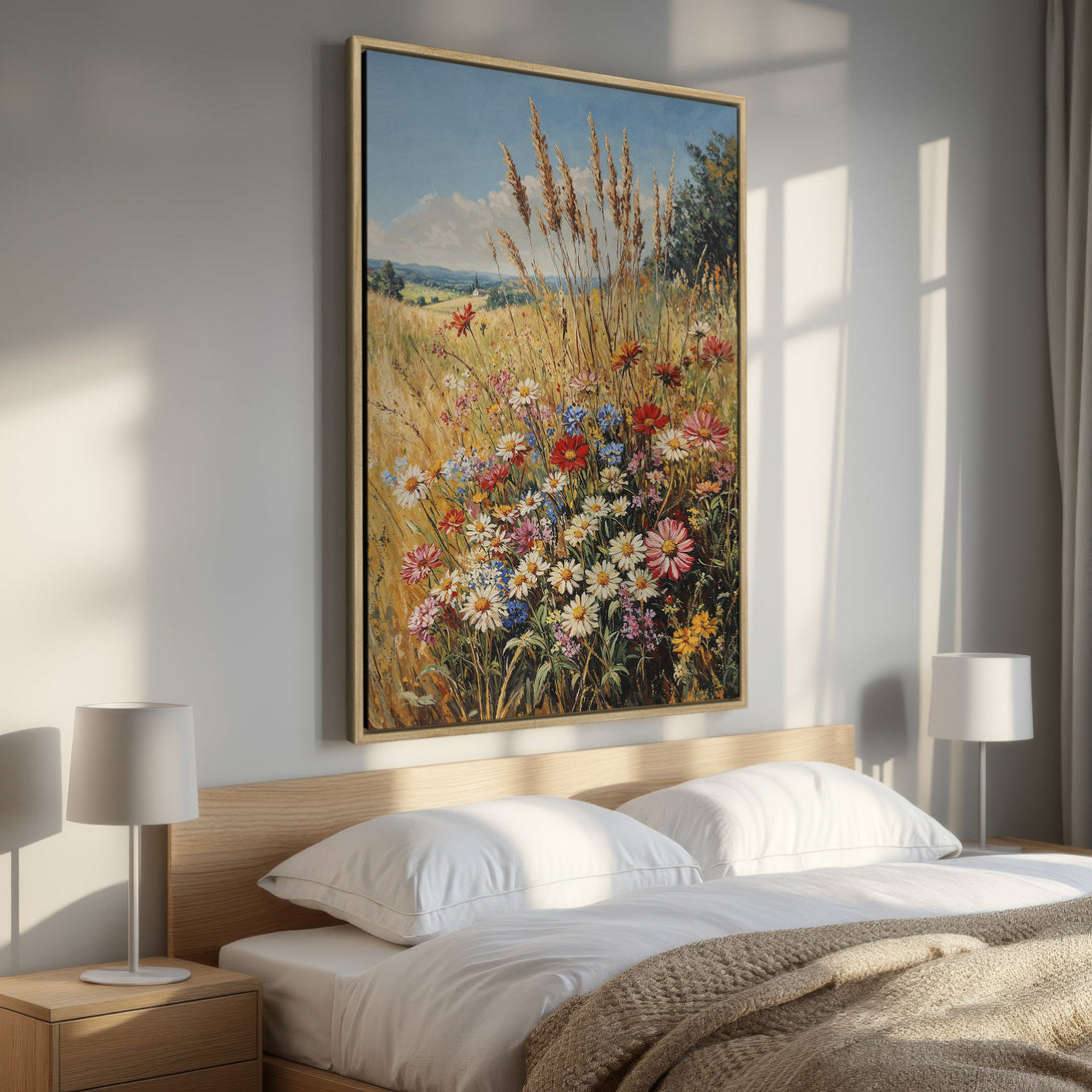 Framed Wall Art: Impressionist floral field canvas print with warm, earthy tones and pops of red, perfect for bedroom decor.